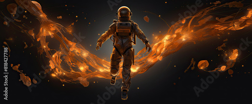 an astronaut is riding a ring through the stars, in the style of dark orange and light amber, energetic lines.