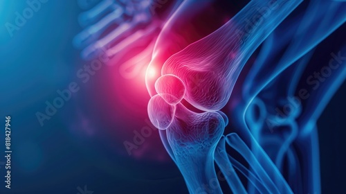 close up of knee joint pain, medical xray background with blue color and glowing red on the  photo