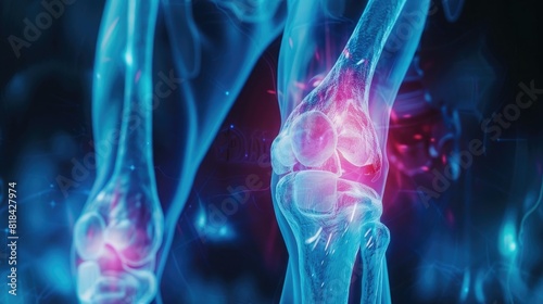 close up of knee joint pain, medical xray background with blue color and glowing red on the  © Manzoor