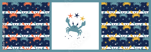 Cute Crabs. Two Striped Seamless Summer Patterns and Poster. Sea Animal. Blue Background for Kids. Childish Print Hand drawn. Vector illustration.