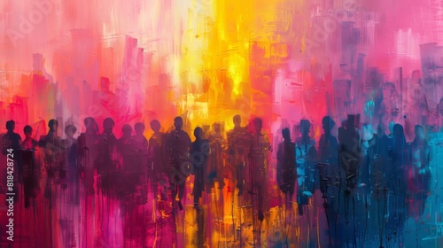 Colorful abstract painting of a crowd with diverse silhouettes