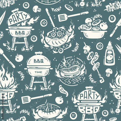 BBQ Time. Vector Seamless Food Pattern of Portable Charcoal Grill and Barbecue Meat and Vegetable. Meat Kebab or Shashlik and Barbeque Vegetable Skewer. Hand drawing.