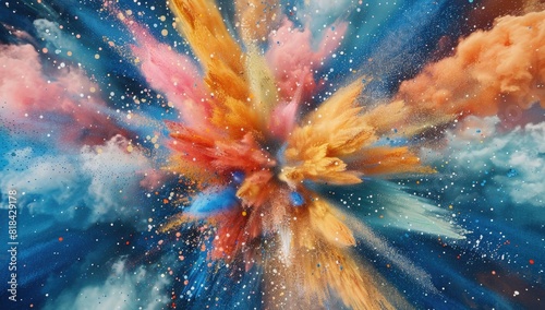 Colorful explosion of paint and powder, 3D rendering illustration