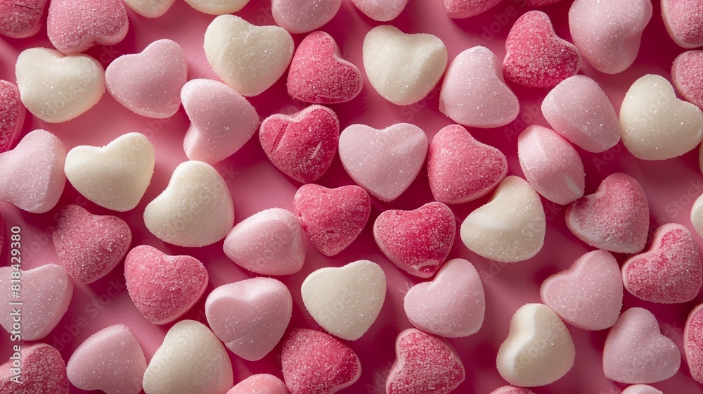 Vibrant display of candy hearts in shades of pink and white