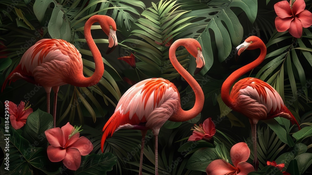 Fototapeta premium Surreal depiction of flamingos among lush digital foliage