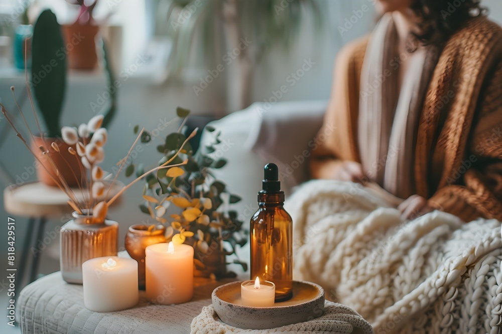 A woman is sitting on a couch with a blanket draped over her. The room is decorated with candles, plants, and a bottle of essential oil. The atmosphere is cozy and relaxing A woman is sitting on a couch with a blanket draped over her. The room is decorated with candles, plants, and a bottle of essential oil. The atmosphere is cozy and relaxing