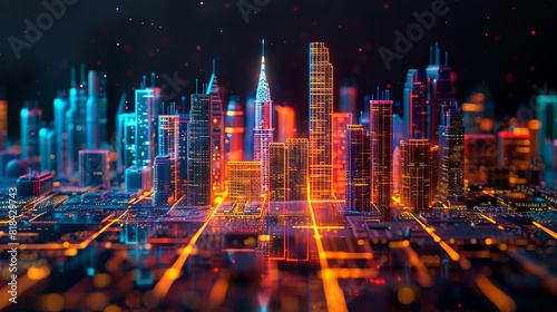 Futuristic city skyline fused with abstract digital elements