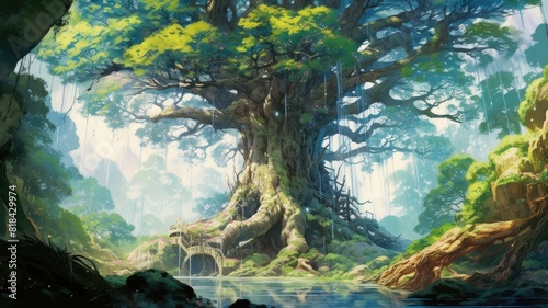 Digital art of fantasy landscape with giant tree and figure by the river. Artistic concept for wallpaper and game background. Man and tree are on a rocky outcrop that juts out from a hillside. AIG35. photo