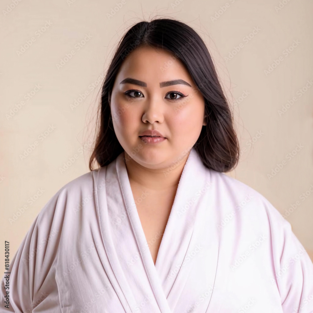 fat asian woman in a robe, girl in white clothes on a light background fat asian woman in a robe, girl in white clothes on a light background