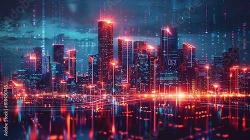 Futuristic city skyline fused with abstract digital elements
