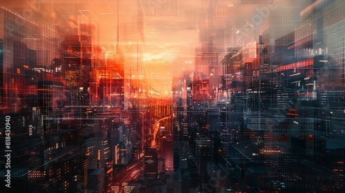 Layered digital networks overlaid on abstract urban backdrop