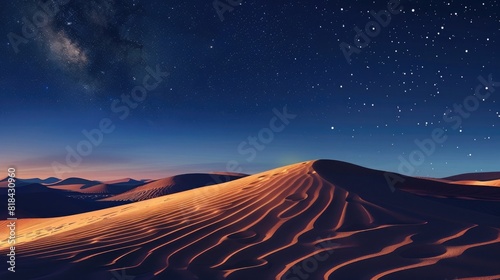 Dune landscape at night with a starry sky and moonlight casting long shadows over the sand dunes  desert scene for adventure travel concept. Desert landscape