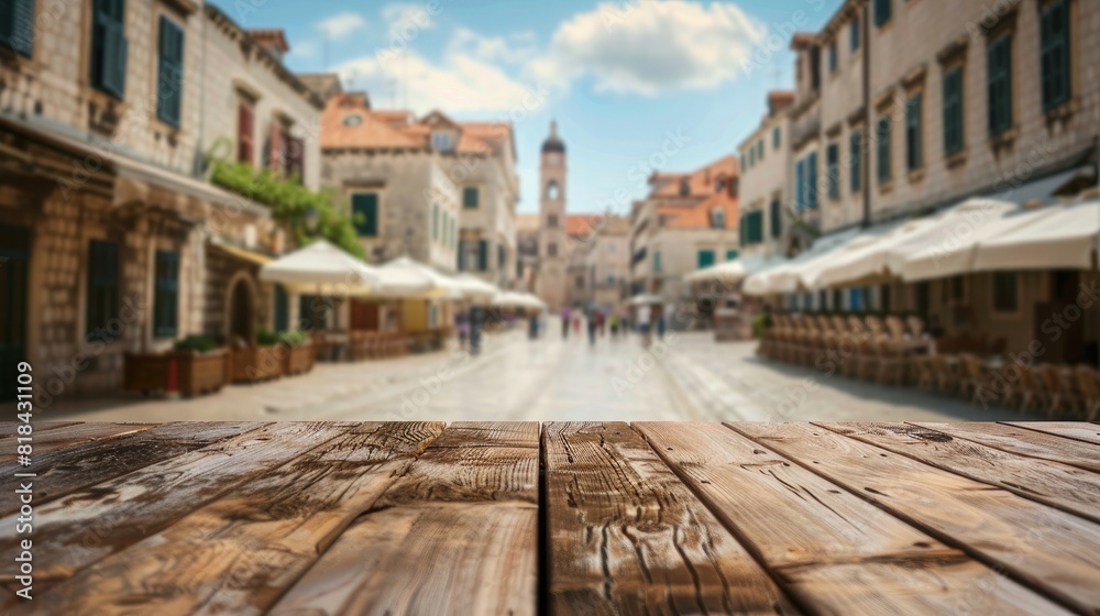 Empty table top with blur of old town square in Dubrovnik, Croatia for product display montage. Front view.