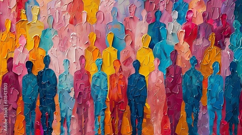 Colorful abstract crowd with varied hues and pink accents
