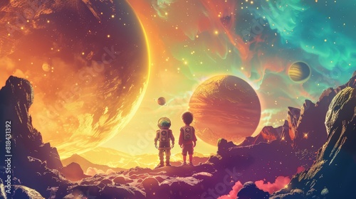A space adventure with children and alien friends on a colorful planet