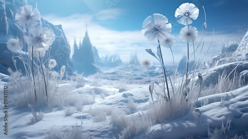 Winter scenery with frosty ice flowers, snow, and crystals