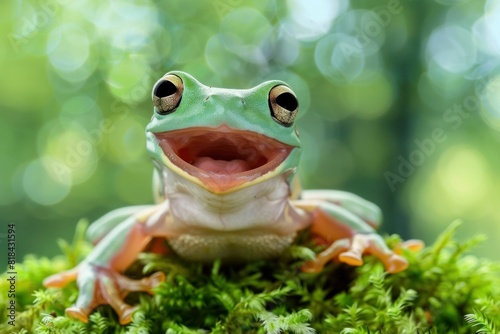 Smiling frog sitting on green mossy surface with mouth open in a tropical forest nature setting