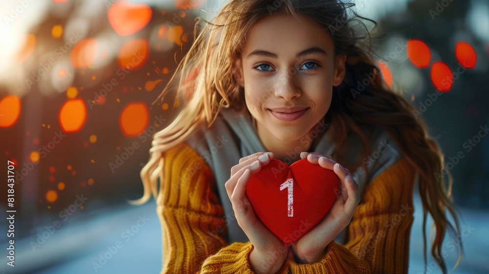 Beautiful young girl holding a sign like - symbolizing admiration for content with a red heart, number 1, thumbs up, declaring love.