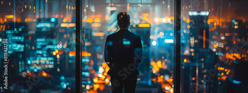 Man in a suit looking at the landscape through his office window
