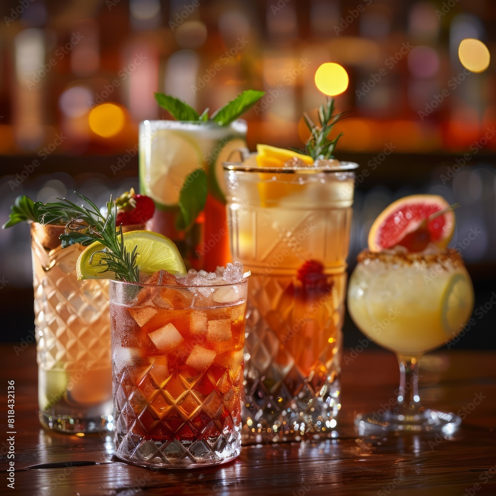 An array of colorful cocktails with exotic garnishes, ideal for festive occasions and cocktail-themed designs. An array of colorful cocktails with exotic garnishes, ideal for festive occasions and cocktail-themed designs.