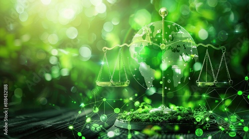 Green planet earth on the table with scale of justice and green icons for environment protection  sustainability business law concept. . double exposure effect