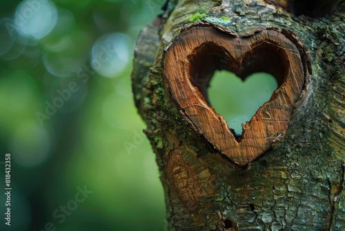 heart shaped hole in tree trunk, green background, focus on the heart shape of wood carving, nature photography, detailed, cinematic, high resolution,