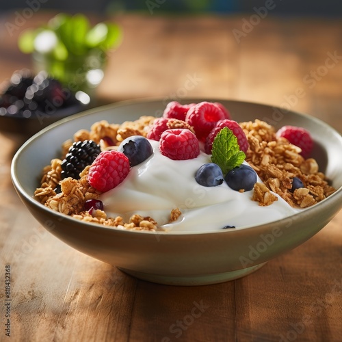 A bowl of cereal with blueberries and raspberries on top