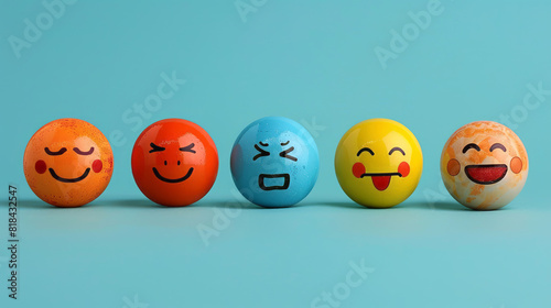 Expressive round icons capture a spectrum of emotions on a powder blue canvas