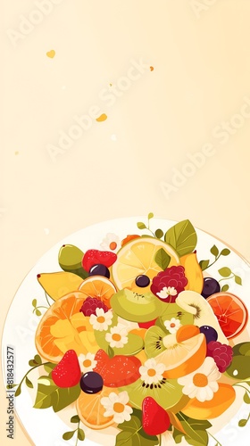 A plate of colorful fresh fruit salad on a plain background. The concept of healthy nutrition.