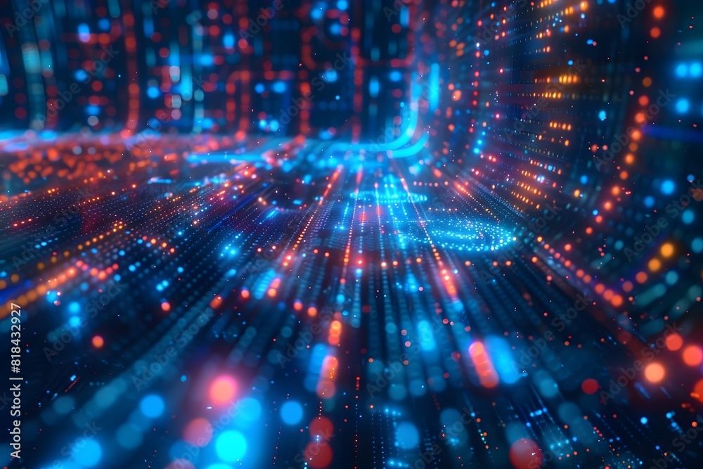 A colorful, abstract image of a computer screen with a blue and red line. The image is full of bright, glowing dots that create a sense of movement and energy. Scene is one of excitement A colorful, abstract image of a computer screen with a blue and red line. The image is full of bright, glowing dots that create a sense of movement and energy. Scene is one of excitement