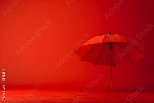 A red umbrella is standing on a red background. The umbrella is open and the rain is falling on it