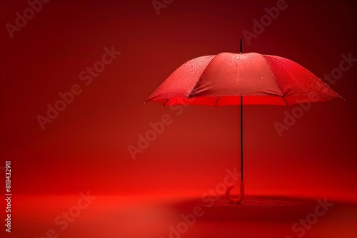 A red umbrella is sitting on a red background. The umbrella is open and has raindrops on it. The image has a moody and somewhat melancholic feel to it