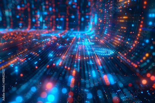 A colorful  abstract image of a computer screen with a blue and red line. The image is full of bright  glowing dots that create a sense of movement and energy. Scene is one of excitement