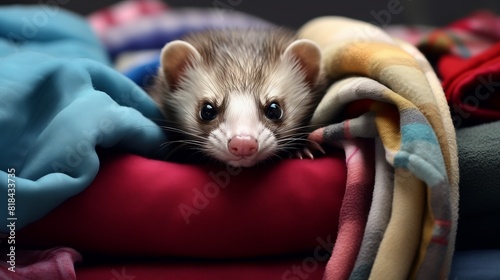 A small ferret is laying on a pile of clothes