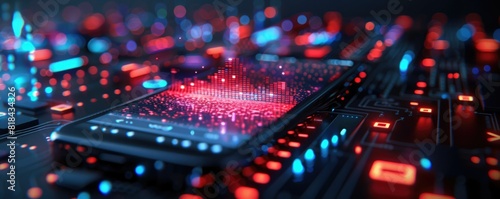 A close-up of a computer chip with red and blue lights. photo