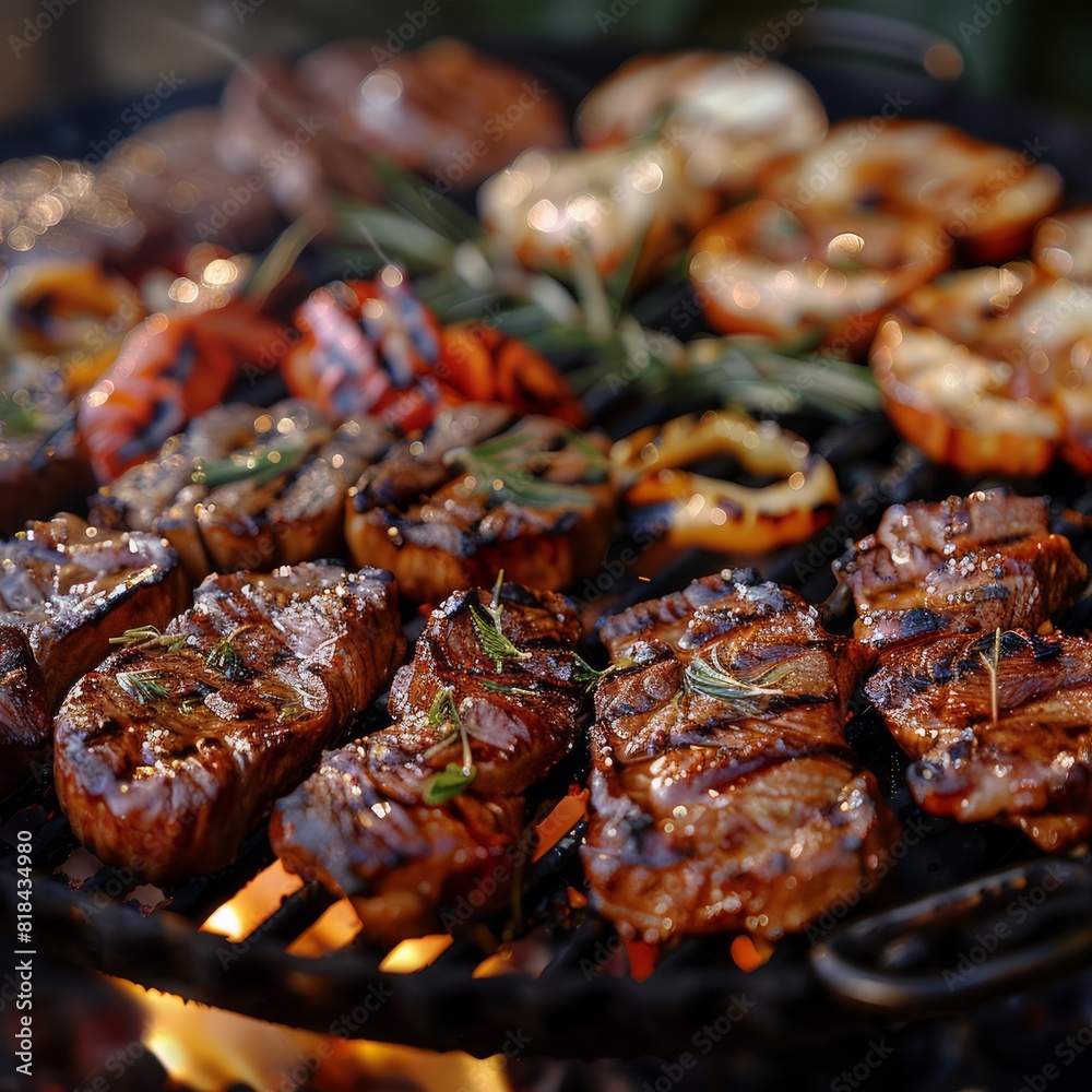 A close-up shot of a sizzling barbecue grill with assorted meats and vegetables, perfect for outdoor cooking enthusiasts. A close-up shot of a sizzling barbecue grill with assorted meats and vegetables, perfect for outdoor cooking enthusiasts.