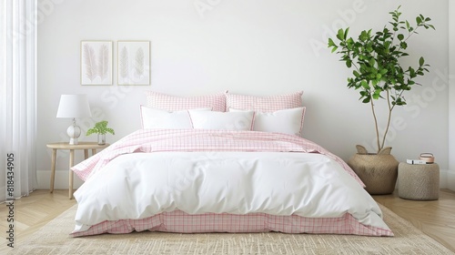 light pink and white gingham duvet cover in modern bedroom, home decor photography, detailed, high resolution © Manzoor