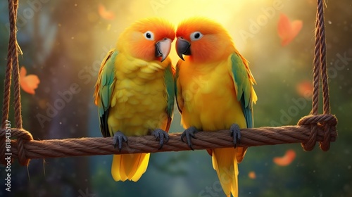 Two yellow parrots are sitting on a rope photo