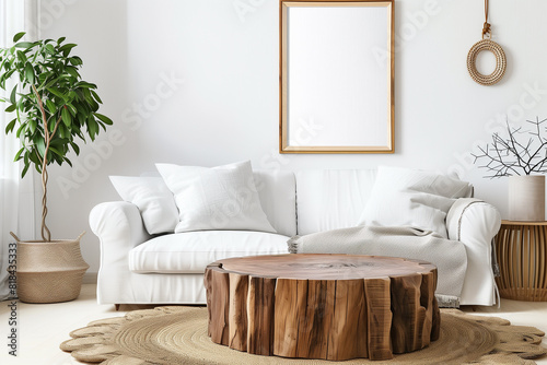 Round wooden coffee table near white sofa against wall with poster frame. Scandinavian home interior design of modern living room.