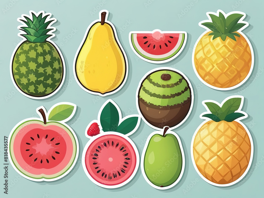 Stickers include fruits: watermelon, pineapple, lemon, banana, strawberry, isolated background. Stickers include fruits: watermelon, pineapple, lemon, banana, strawberry, isolated background.