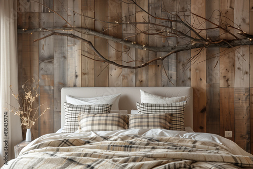 Rustic wooden branch wall decor over bed with white pillos and beige plaid. Farmhouse country interior design of modern bedroom.