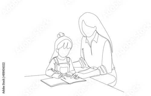 Continuous one line drawing of mother help her daughter learn, parenting concept, single line art.