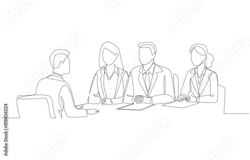 Continuous one line drawing of job applicant having job interview with interview committee, job interview concept, single line art.