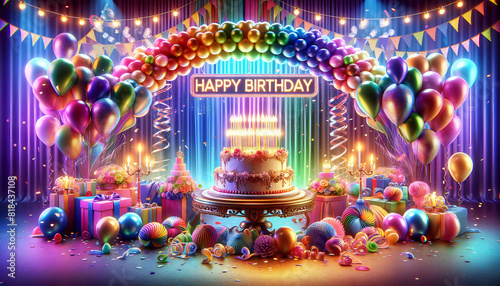 Happy birthday wallpaper  greeting card  3D happy birthday background  colorful balloons  luxurious  room decoration  birthday cake illustration with candles Gifts for children and adults