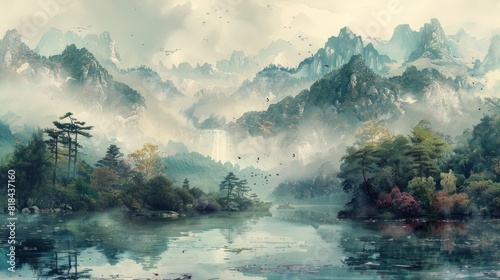 A landscape presented in the ancient Chinese painting style.