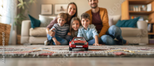 A miniature of car with happy family in background dream car concept