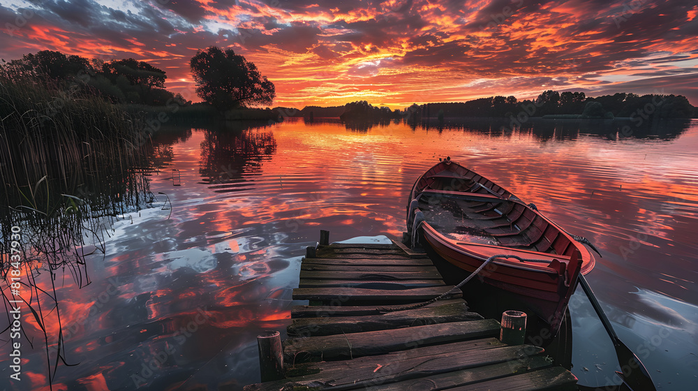 Timeless Solitude: Serene Lake View with Vintage Wooden Boat at Twilight