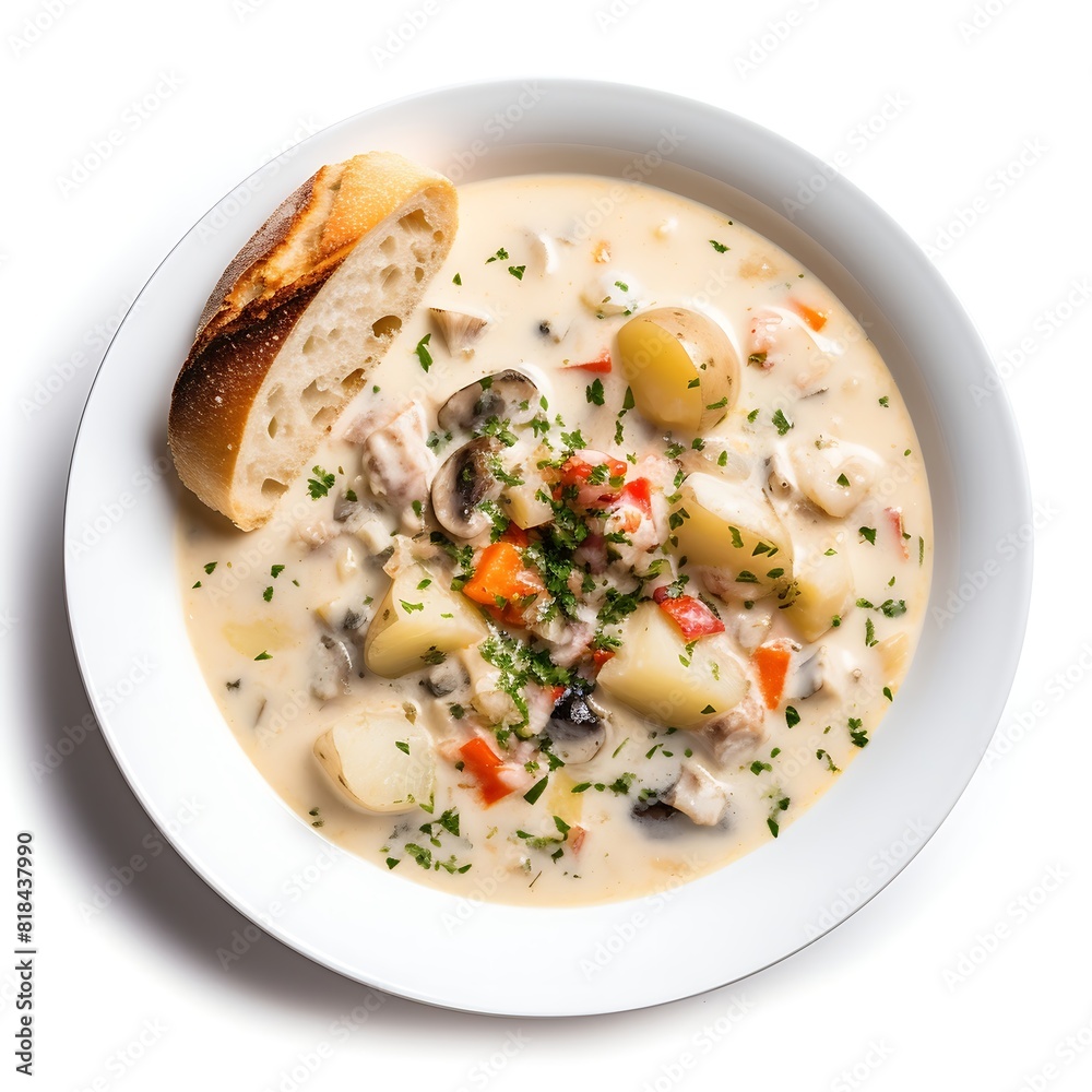 Chowder on plate on white background. Fresh Chowder.