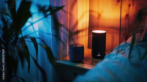 Photo of a blue smart speaker on the nightstand next to a bed, illuminated by soft light from an LED 