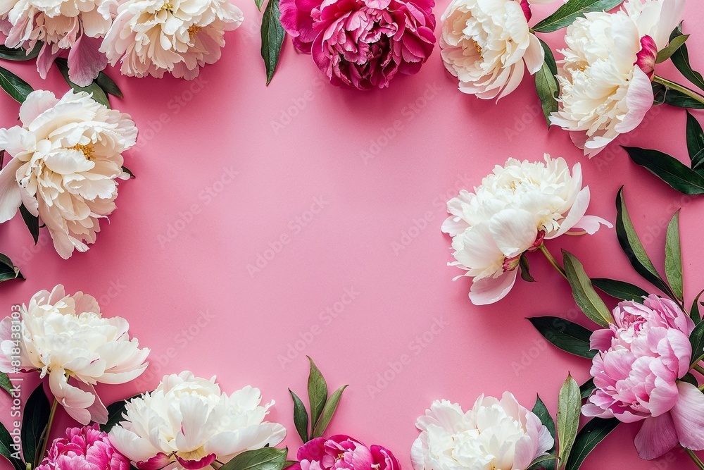 Flat Lay Frame of Beautiful Peony Flowers on Pink Background Flat Lay Frame of Beautiful Peony Flowers on Pink Background